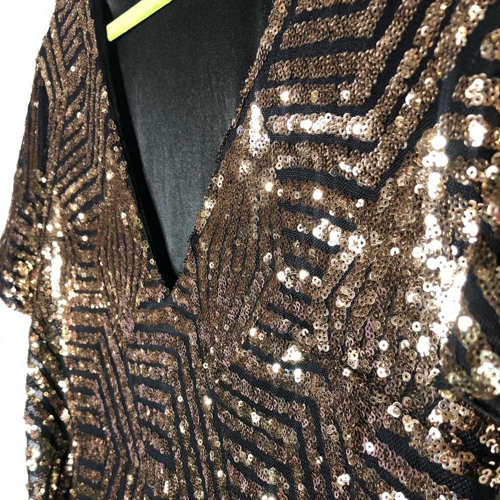 Sequin V-Neck Dress - Black and Gold